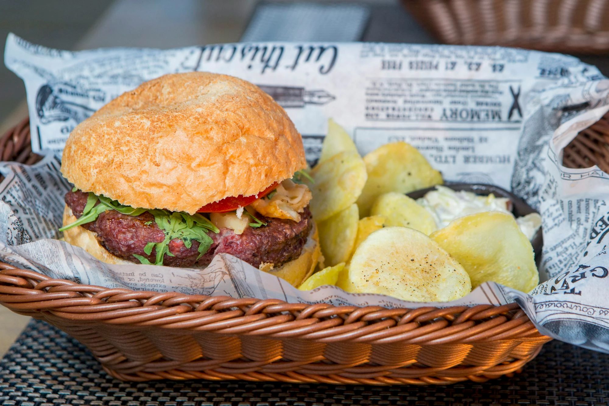 hamburger and fries in the basket