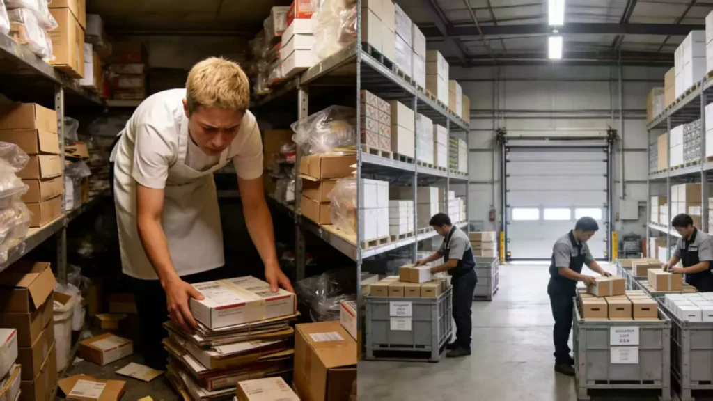 a-cluttered-and-cramped-restaurant-kitchen/storage-area-vs-a-clean-and-tidy-free-storage-service