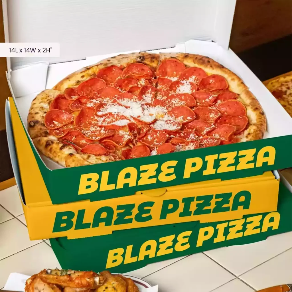 Custom restaurant packaging suppliers: branded takeout boxes with 14x14x2 inch dimensions