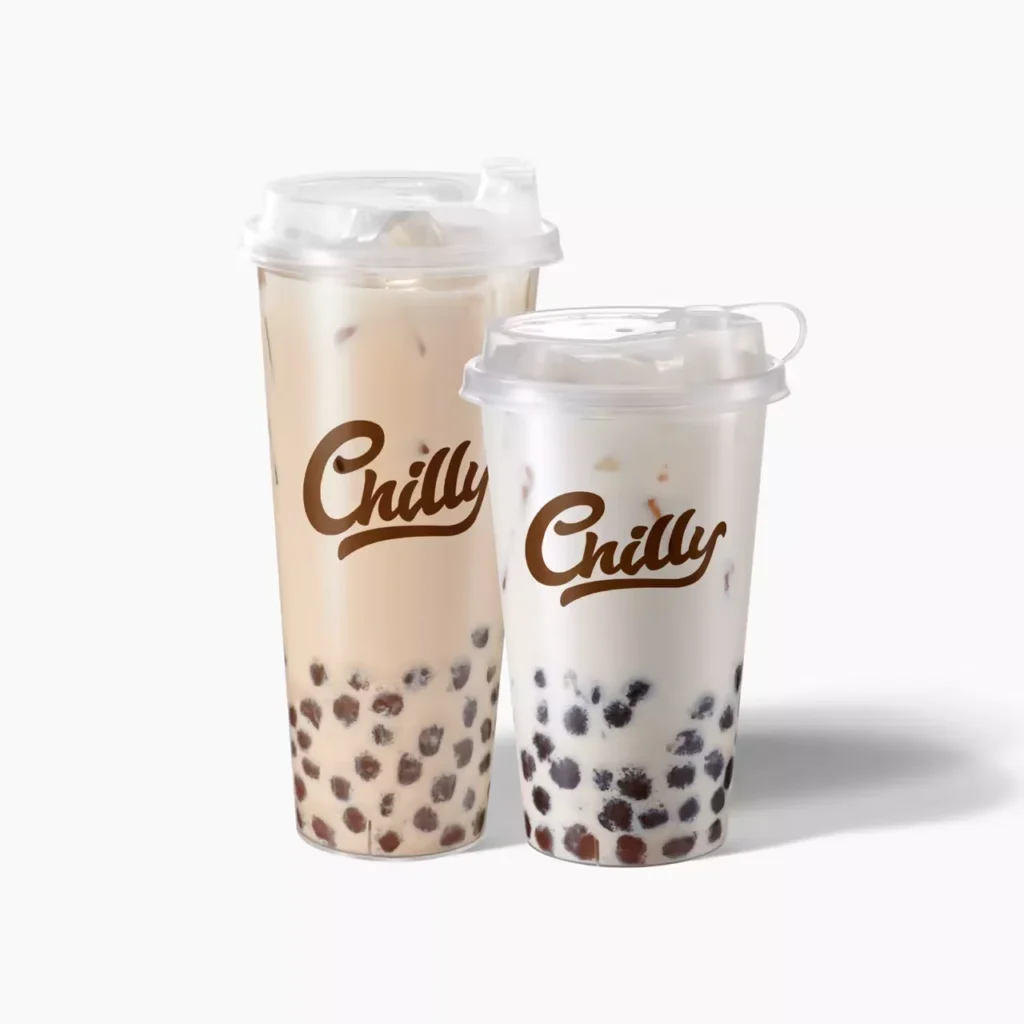 Bulk cup storage of clear plastic bubble tea cups with  logo, iced milk tea