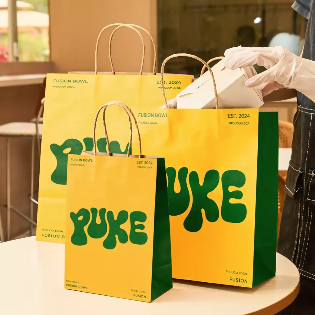 Custom paper bags for food takeaway - branded kraft paper bags for restaurant, custom printed with logo and brand colors for fast food delivery
