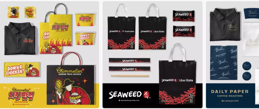 Custom restaurant packaging suppliers showcase branded takeout bags, cups, and uniforms for cafes and fast food