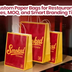 Custom paper bags for restaurants in various sizes, featuring branded logo and QR code design for takeout packaging