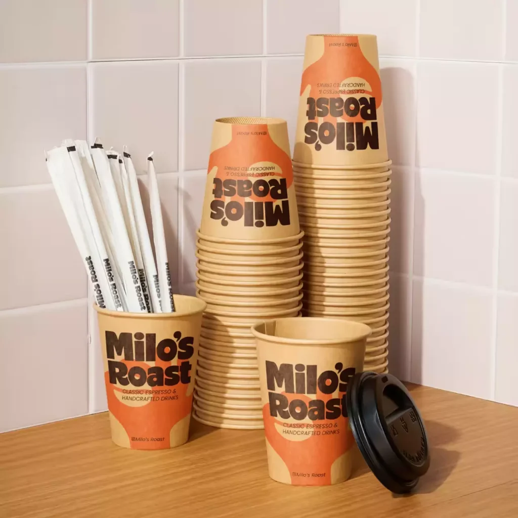 Custom restaurant packaging suppliers showcase branded kraft paper coffee cups for cafes