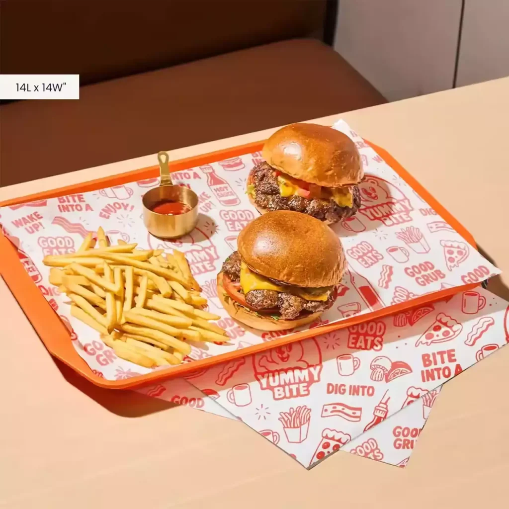 Custom printed greaseproof paper for burgers and takeaway food