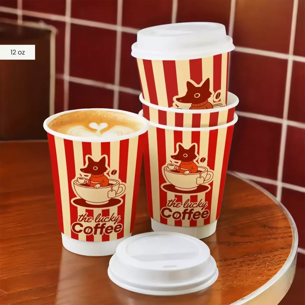 Bulk cup storage of 12 oz custom "The Lucky Coffee" branded paper cups with lids