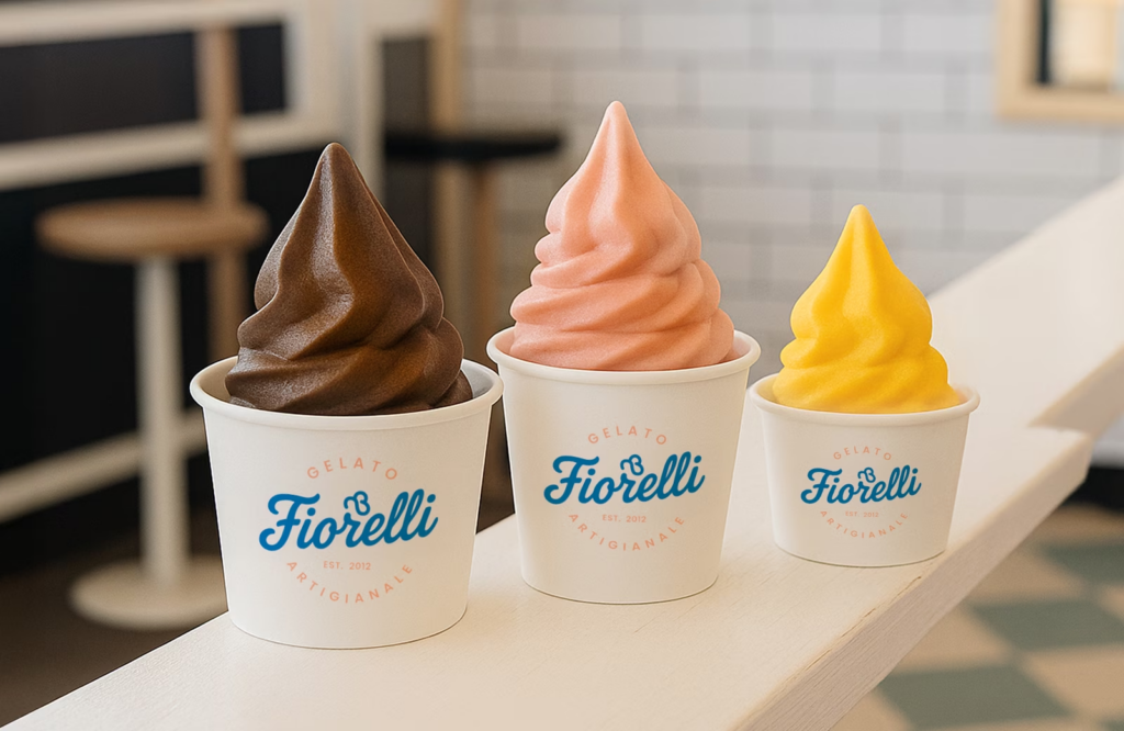 Minimalist custom gelato cups for small businesses, branded white paper ice cream cups with blue logo, disposable for soft serve shops