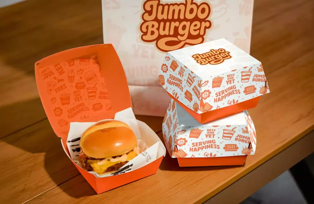 Custom printed burger boxes with orange-white design, perfect for fast food takeout packaging