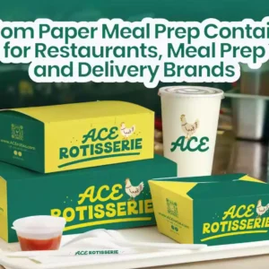 Custom printed paper meal prep containers set with full restaurant branding, including boxes, cups, sauce containers, and utensils for delivery and takeout brands