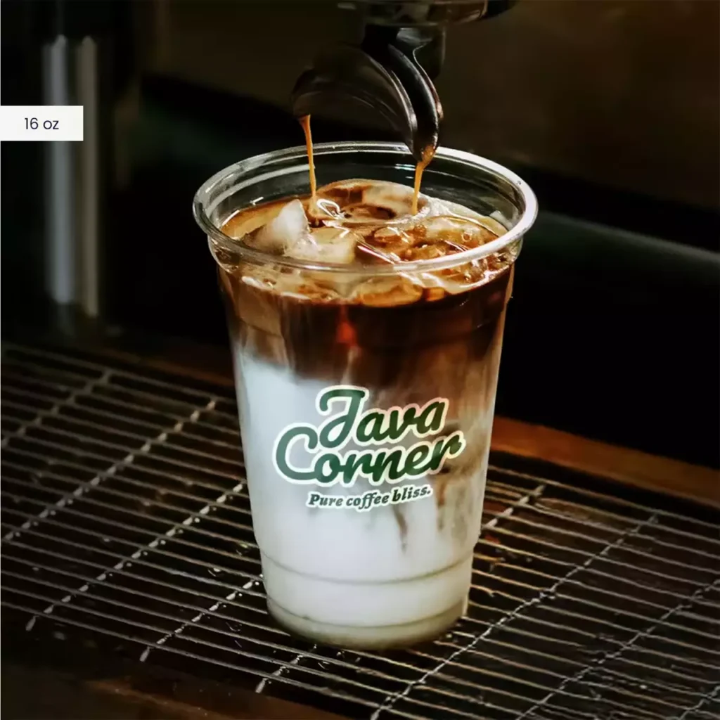 Custom 16 oz clear plastic coffee cups with logo, perfect for iced lattes and cold brew drinks, branded custom coffee cups for cafes