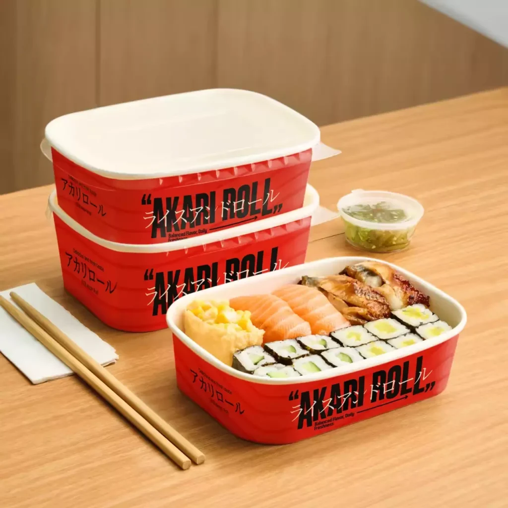 Custom printed red paper meal prep containers for sushi and bento, disposable food boxes with brand logo for takeout