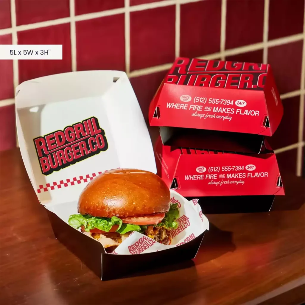 Custom red and black printed burger boxes, restaurant takeout packaging