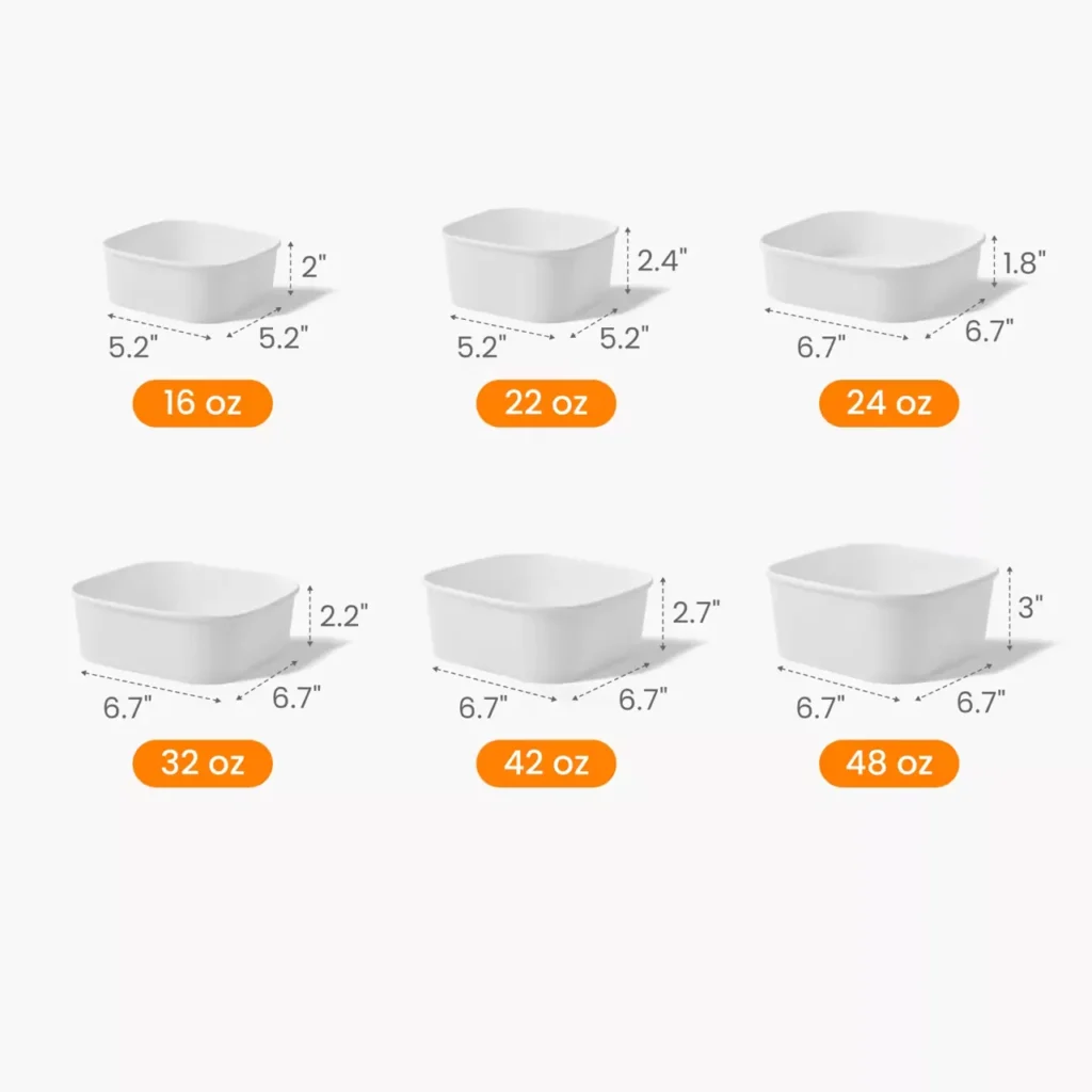 Custom paper meal prep containers in 16oz, 22oz, 24oz, 32oz, 42oz, 48oz sizes, various square food boxes dimensions for bulk order