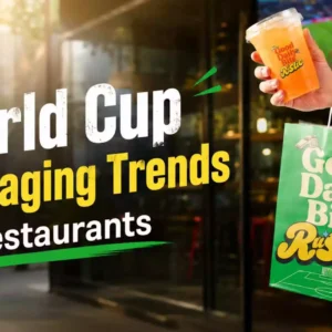 World Cup packaging trends for restaurants, soccer themed restaurant takeaway bag and drink cup