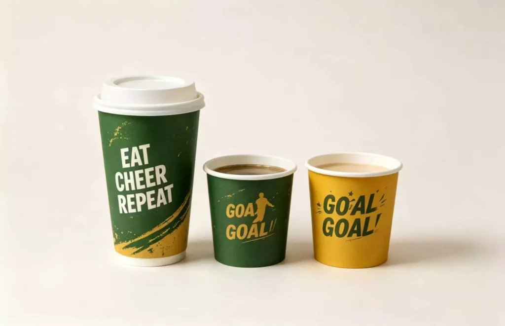 World Cup packaging trends for restaurants green gold football print takeaway coffee drink cups