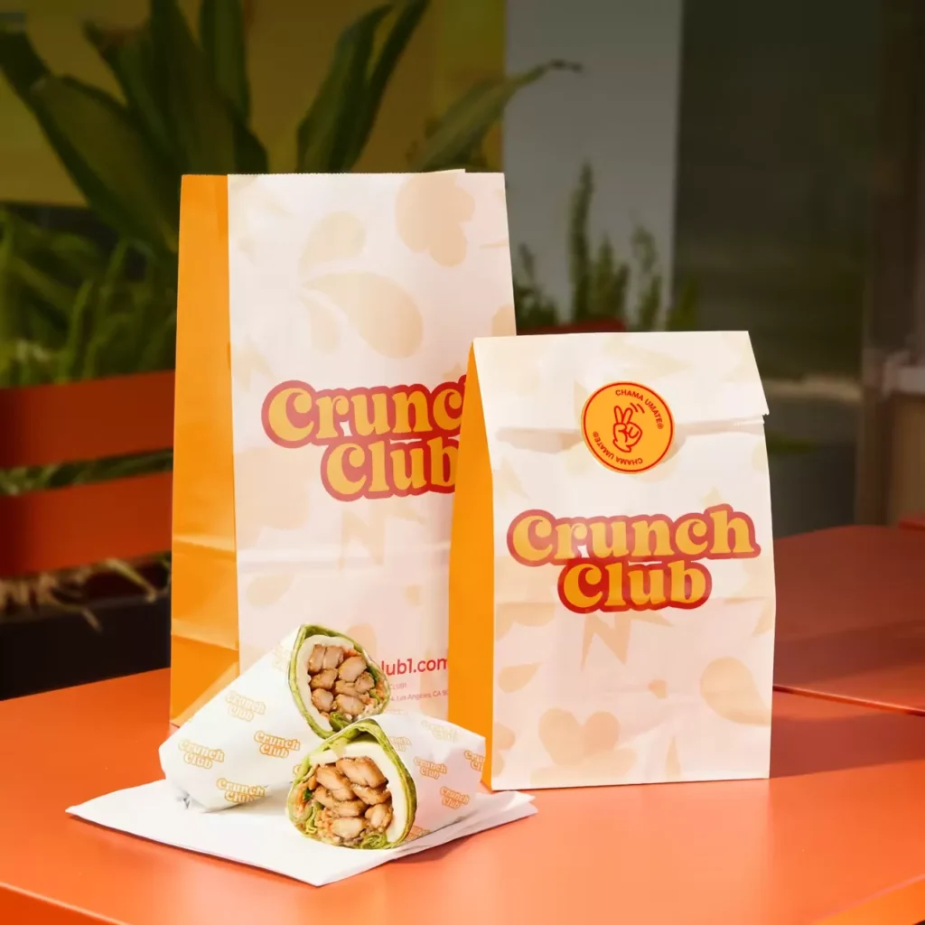 Branded packaging customer loyalty design, custom printed branded takeout paper bags for wrap sandwich restaurant brand recognition