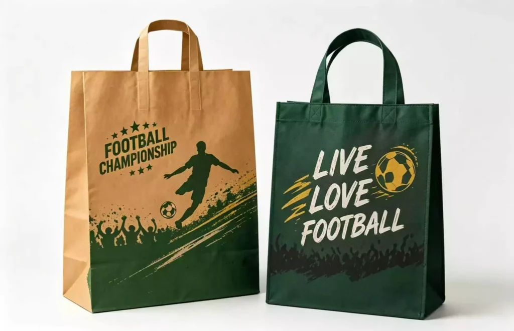 World Cup packaging trends for restaurants kraft paper bag reusable green football tote bags for food takeout