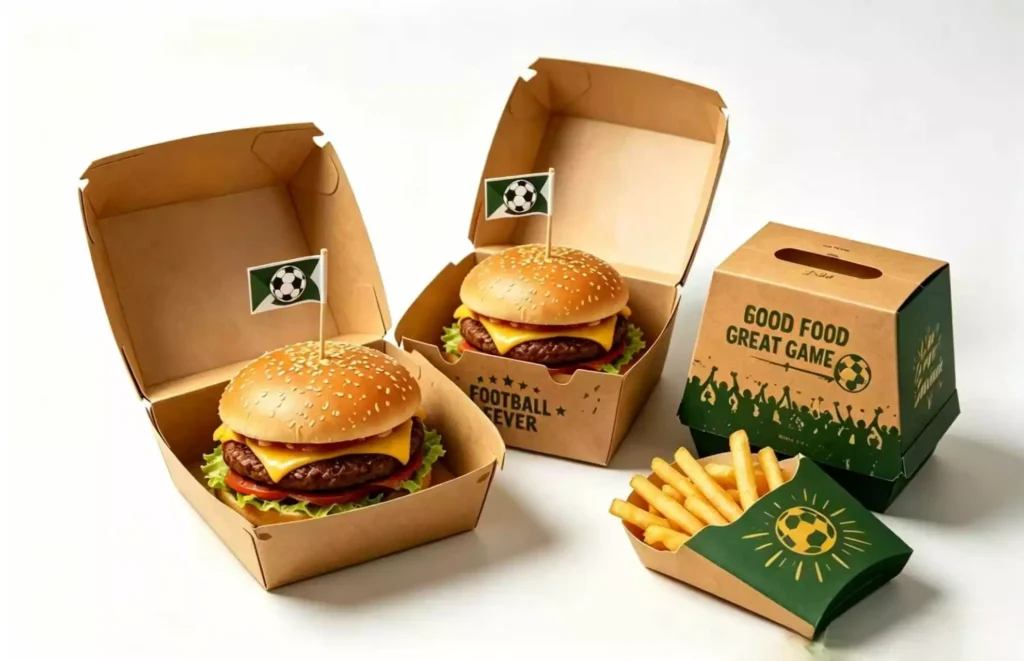 World Cup packaging trends for restaurants eco kraft burger fry boxes football themed takeout containers