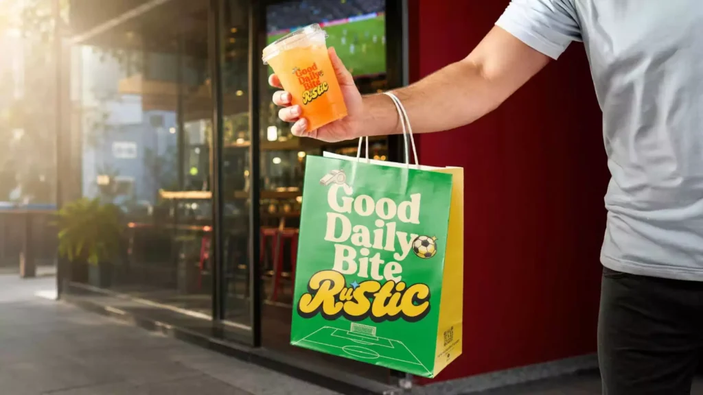 World Cup packaging trends for restaurants, green soccer themed restaurant takeaway paper bag with fruit drink cup