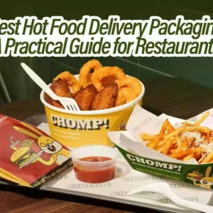 Best hot food delivery packaging custom printed fast food takeout set, including burger paper bags, chicken wing buckets, fry boat trays and sauce cups, practical packaging guide banner for restaurant takeaway delivery