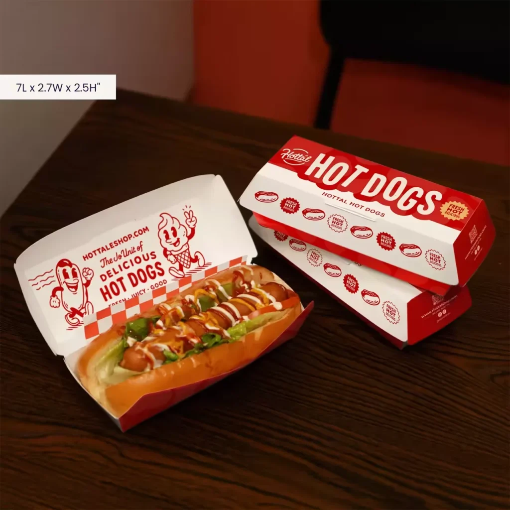 Custom printed hot dog packaging clamshell box, branded paper hot dog takeout container with logo print