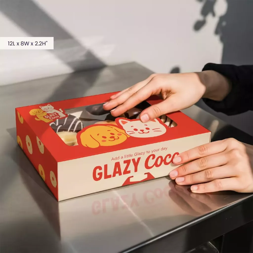 Custom printed donut box with cute cat dog artwork, 12Lx8Wx2.2H custom donut box size example