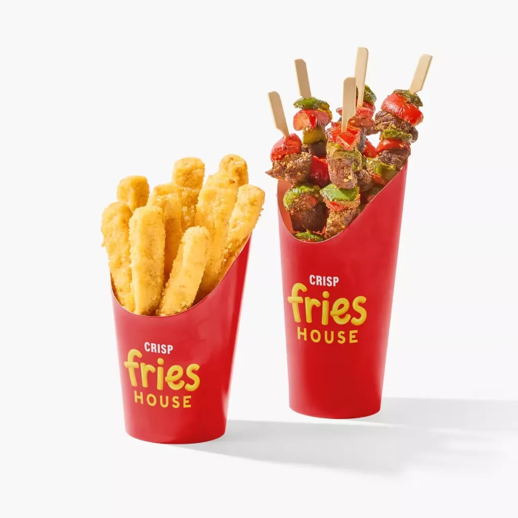 Red paper charcuterie cups, printed paper cone holders for fries and grilled meat skewers