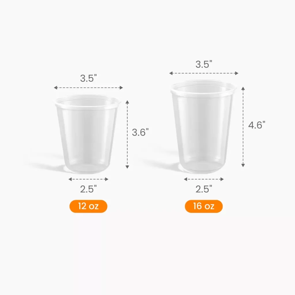 U Shape Cup 12oz and 16oz clear plastic bubble tea cup size dimension comparison