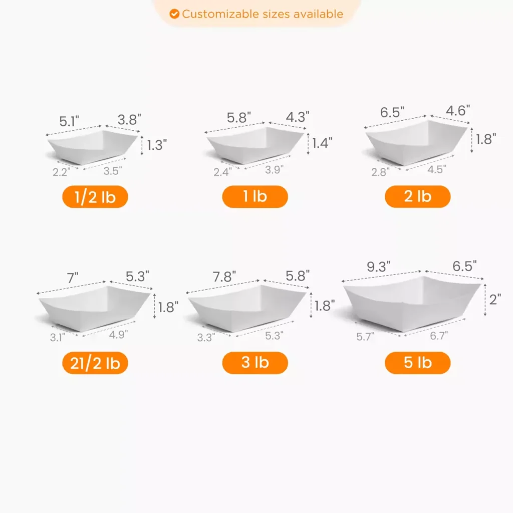 Custom hot dog packaging paper food tray all sizes chart, customizable weight capacity disposable paper boat tray dimensions