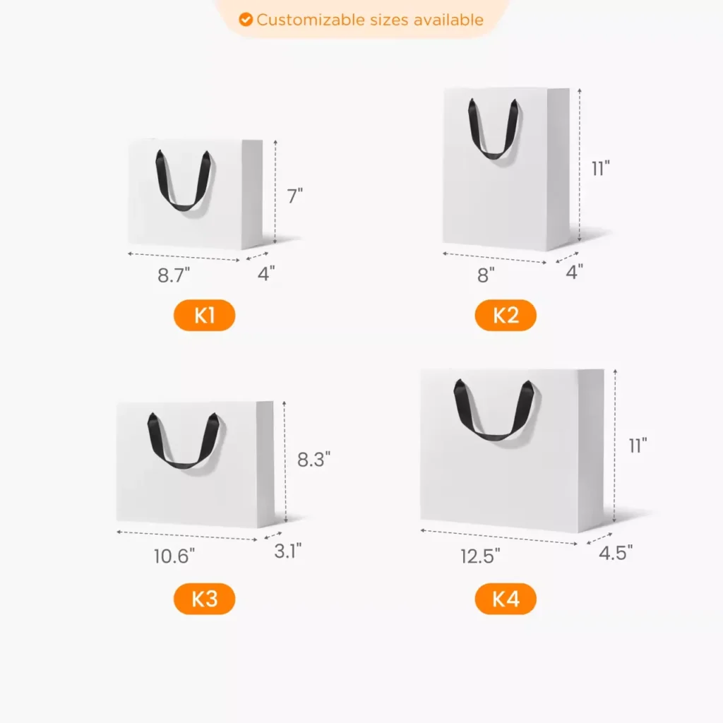 Gift bag size chart, multiple customizable paper gift bag dimensions for product packaging