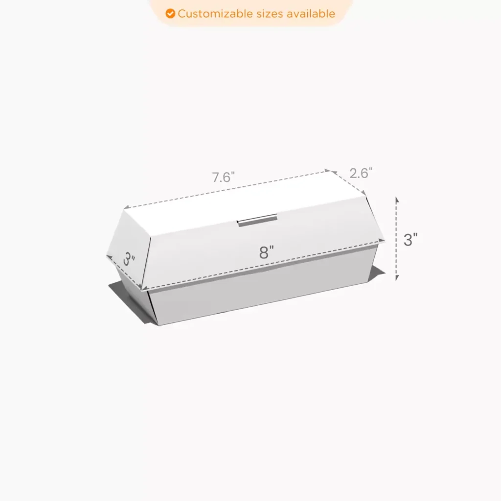 Custom hot dog packaging clamshell box dieline template, customizable size paper hot dog takeout box dimension chart