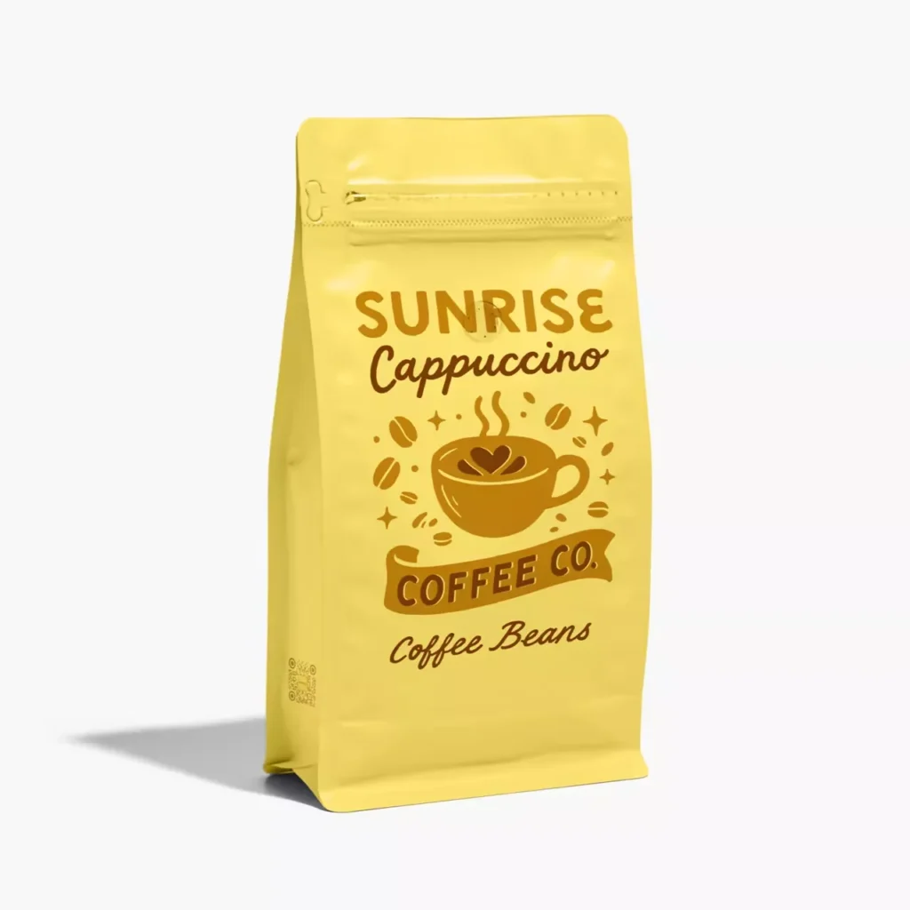 Yellow custom printed coffee bags with valve, stand up cappuccino coffee bean packaging pouch