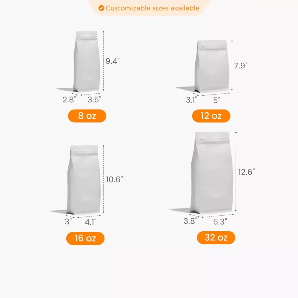 Blank coffee bags with valve, multiple sizes 8oz 12oz 16oz 32oz stand up coffee pouch dimensions