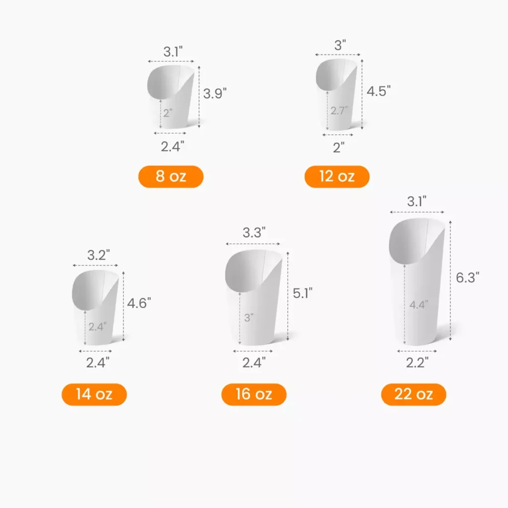 Paper charcuterie cups size chart, multiple sizes disposable paper food cone dimensions
