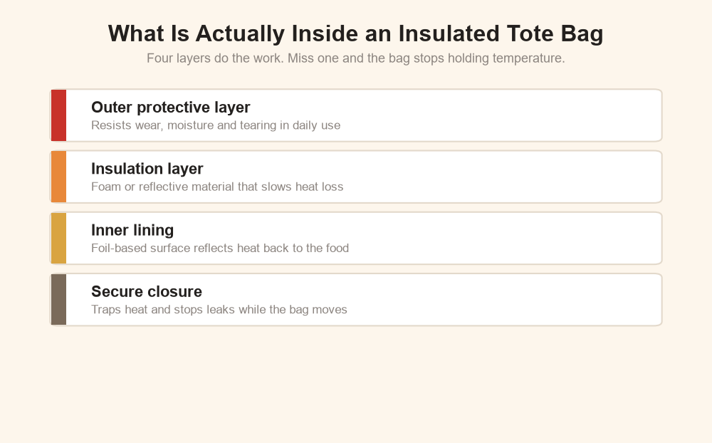 Diagram of the four layers that hold temperature: outer protective fabric, foam core, foil lining, and sealed closure