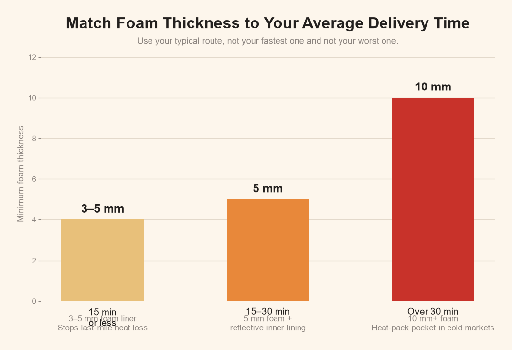 Bar chart matching foam thickness to average route length: 3 to 5mm under 15 minutes, 5mm for 15 to 30 minutes, 10mm or more beyond 30 minutes