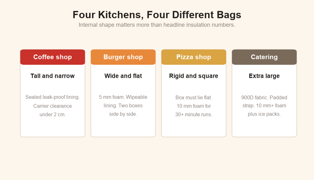 Comparison of carrier requirements for coffee shops, burger shops, pizza shops, and catering services