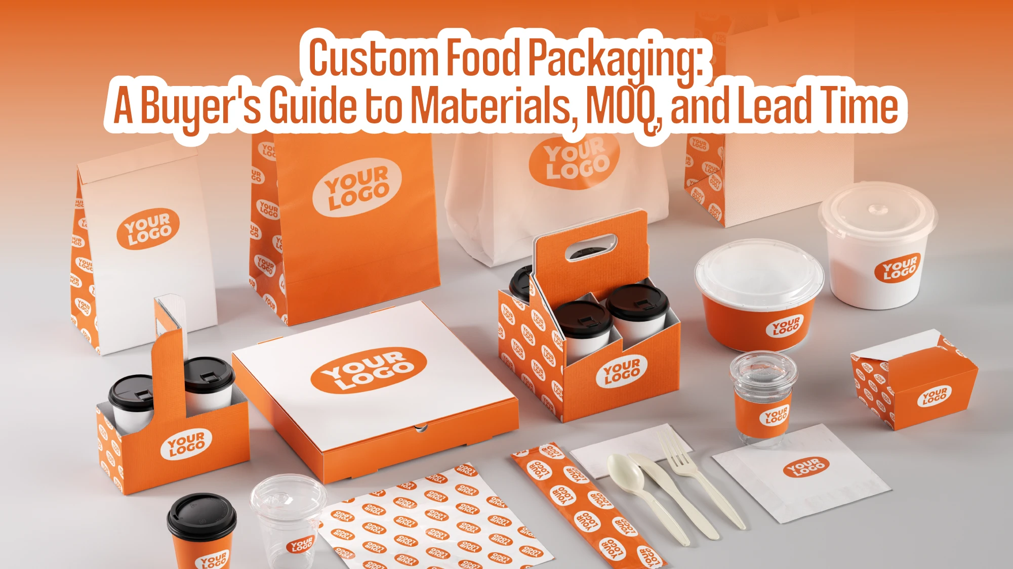 Custom food packaging set example with placeholder brand logo, boxes bags cups and cutlery