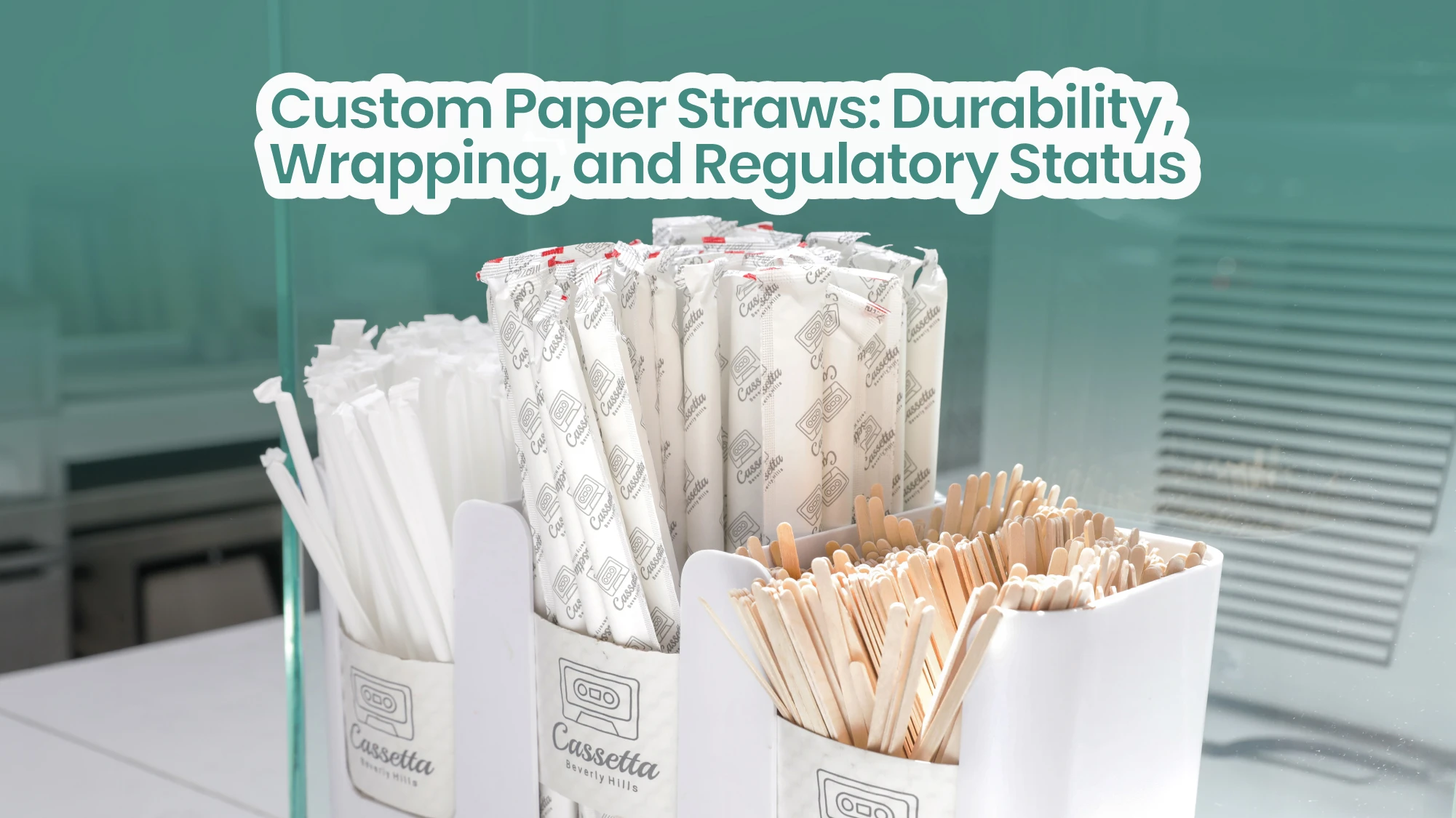 Individually wrapped custom paper straws branded for a cafe, displayed in caddies beside wooden stirrers