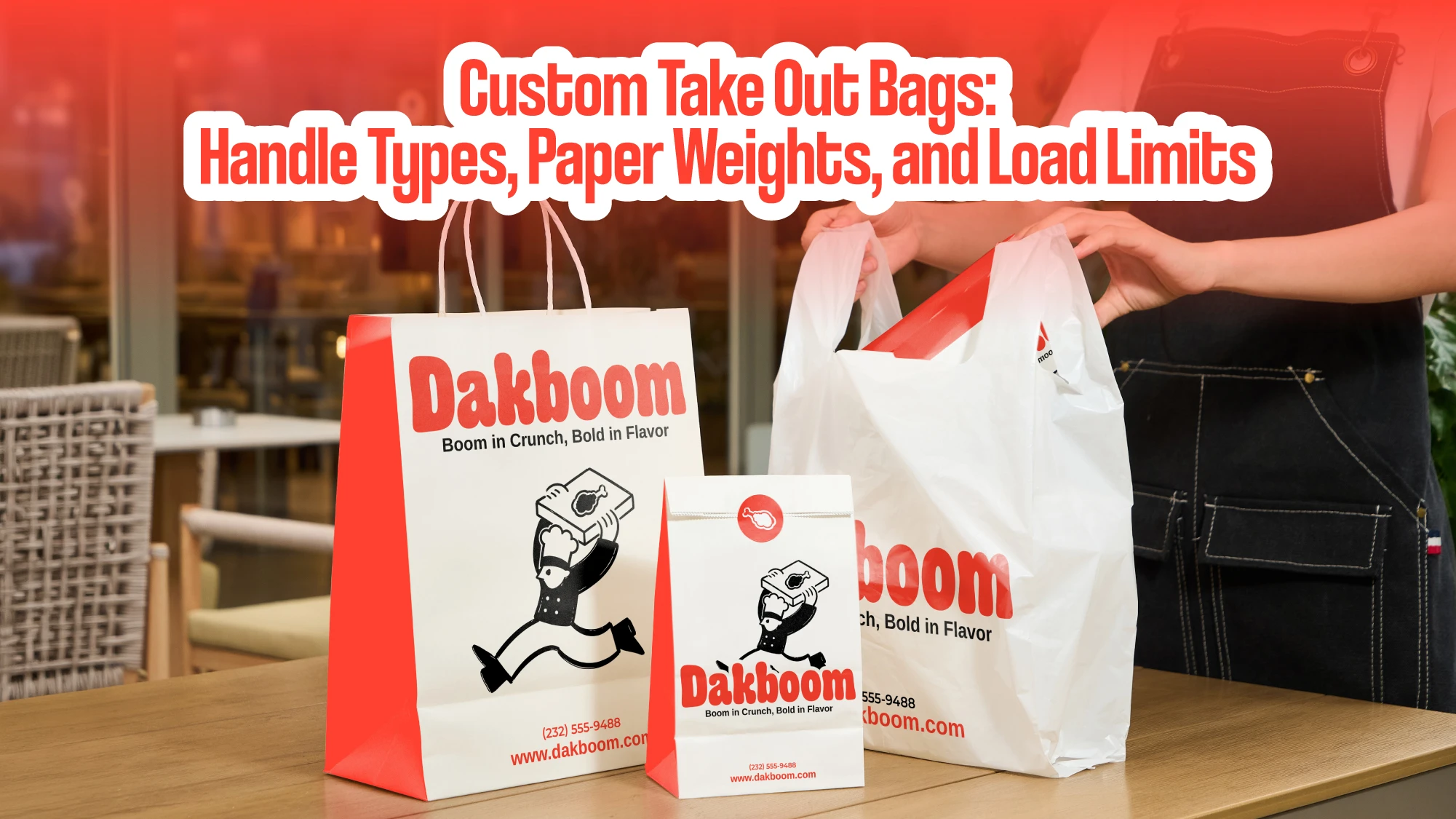 Custom printed take out bags example, Dakboom branded paper bags with rope handles