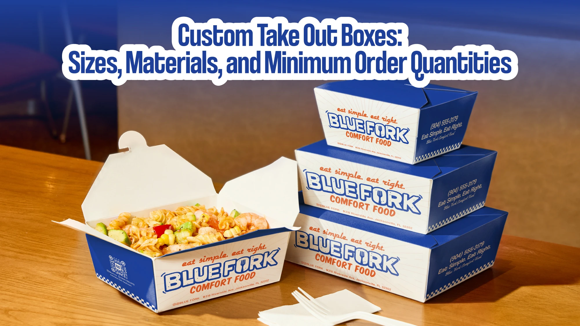 Custom printed take out boxes example, Blue Fork branded stacked meal boxes with food inside