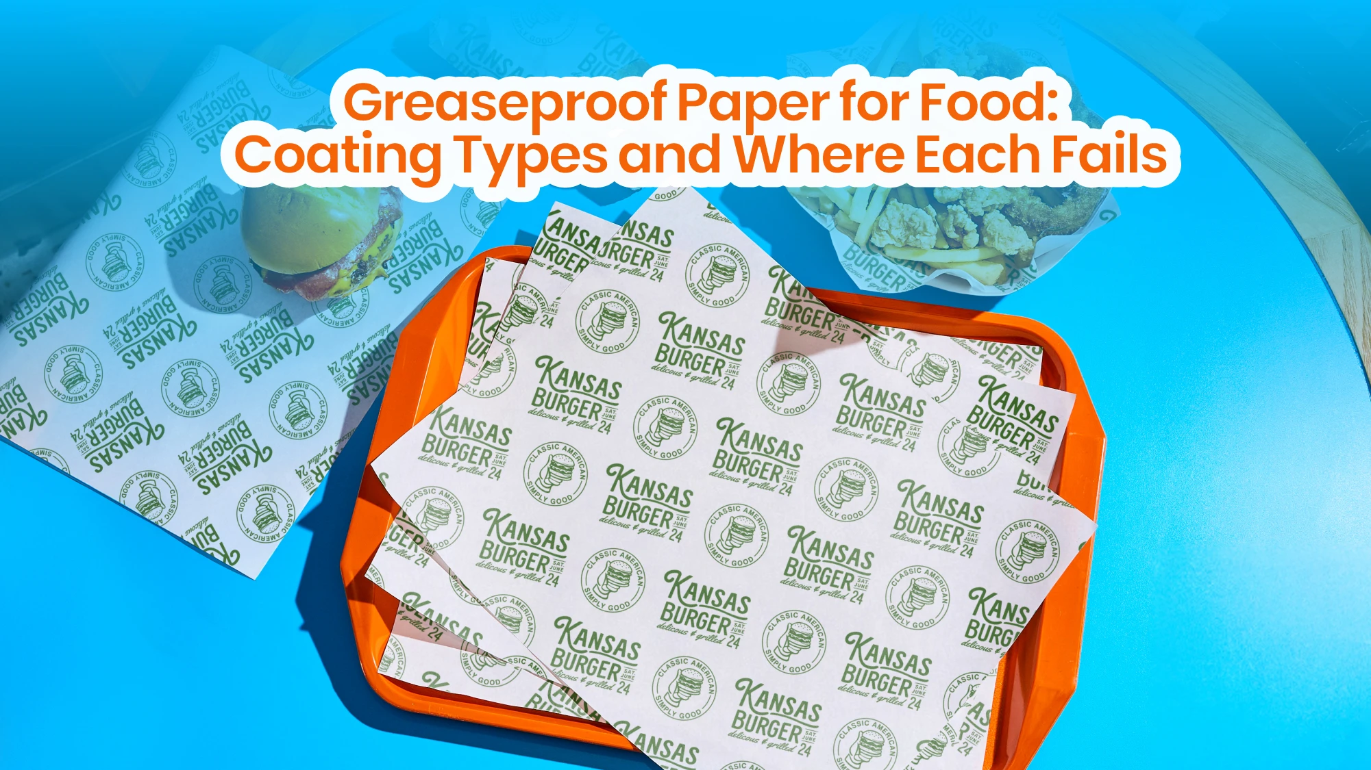 Custom printed greaseproof paper lining a burger tray and fried food basket with repeating brand artwork