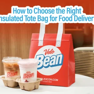 Custom branded red insulated tote bag for food delivery on a cafe table beside two iced coffee cups