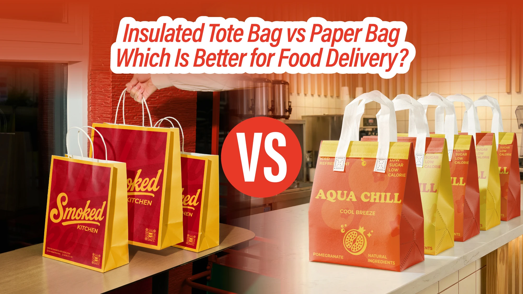 Insulated tote bag vs paper bag for food delivery: branded red insulated totes compared side by side with kraft paper takeout bags