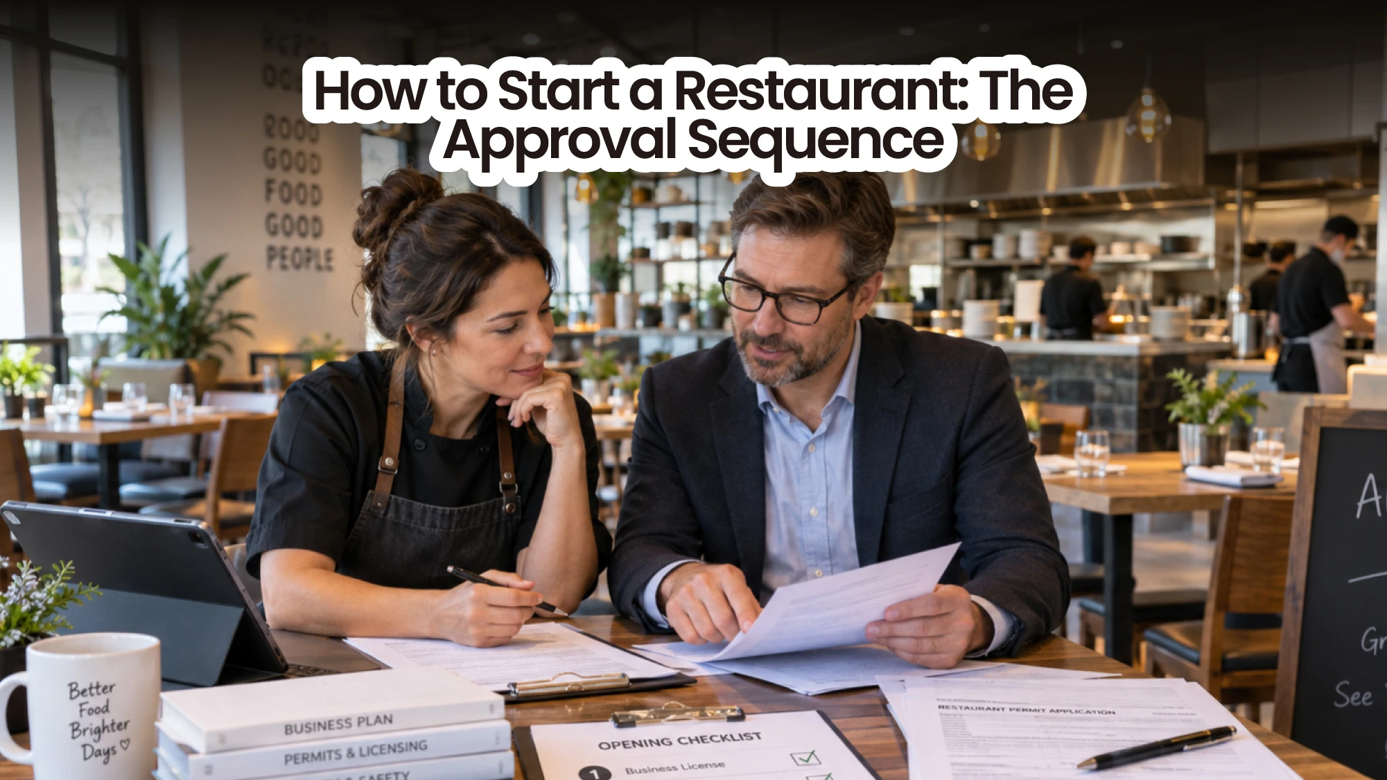 Two restaurant operators reviewing permit applications and an opening checklist at a dining table